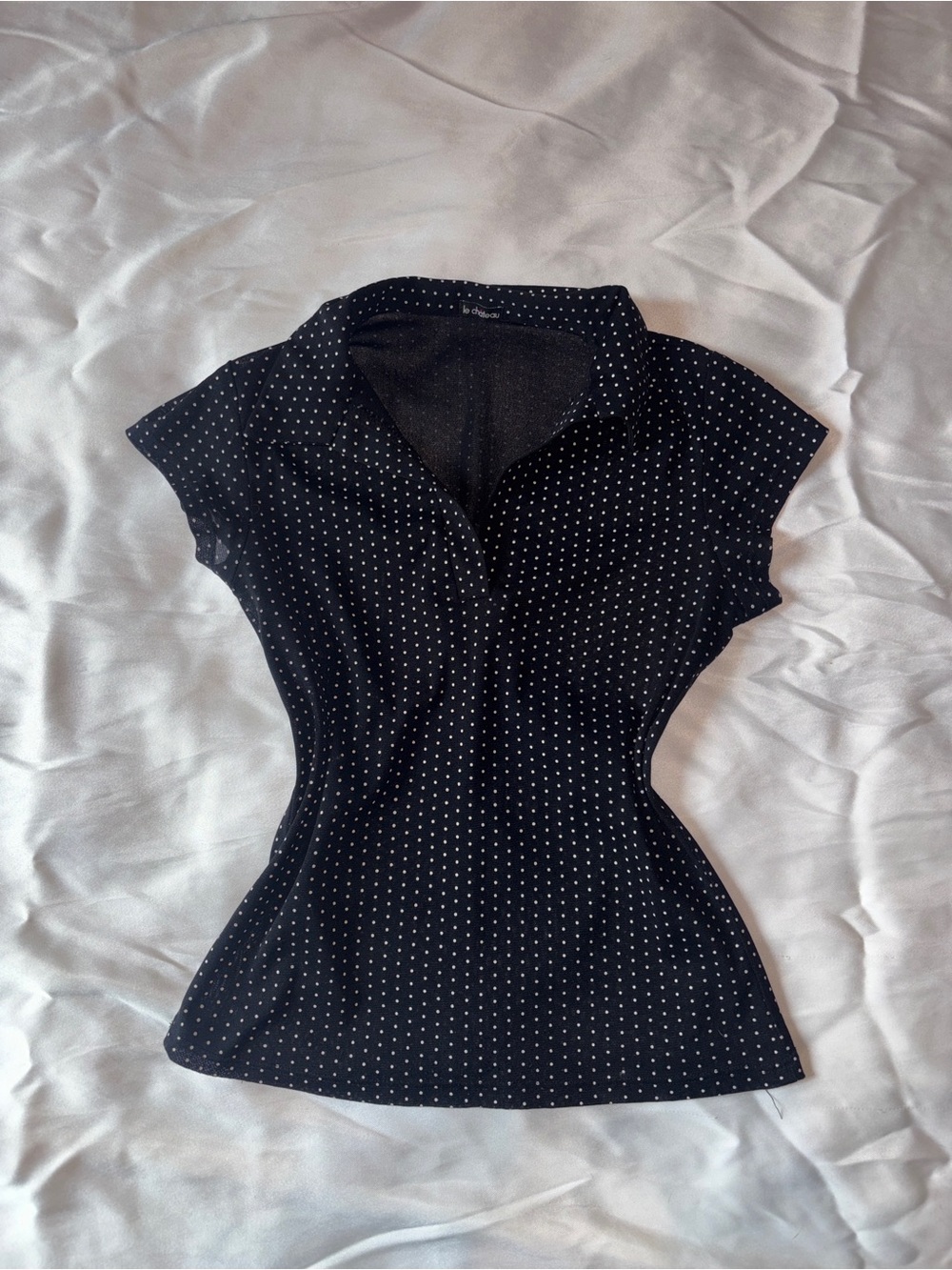 Le Château sheer Vintage Y2K Black Polka Dot Fitted Collared Top